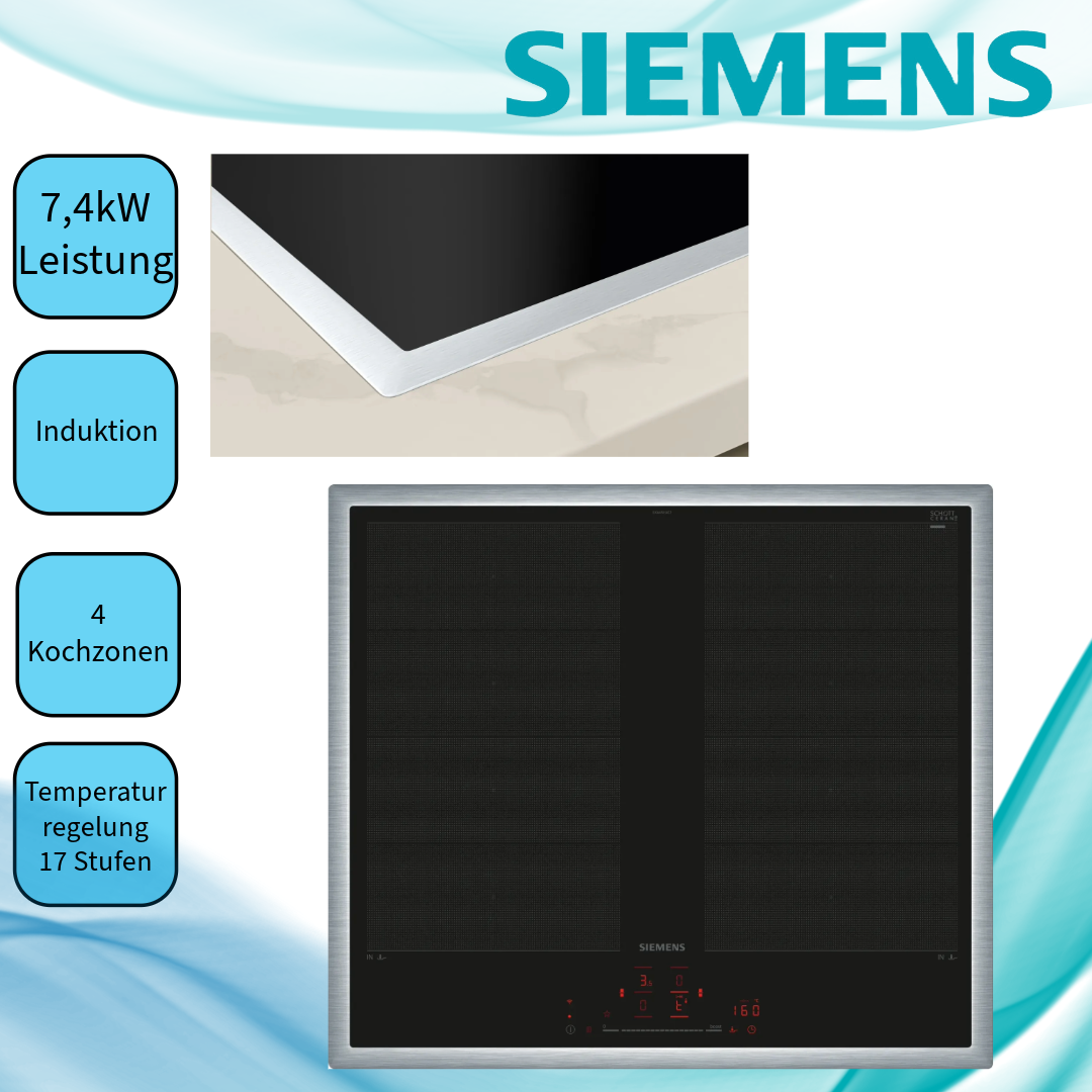 Siemens EX645HXC1E Induktionskochfeld  flacher, breiter Rahmen  autark  aufliegender Einbau  WLAN  Standardbreite 60 
