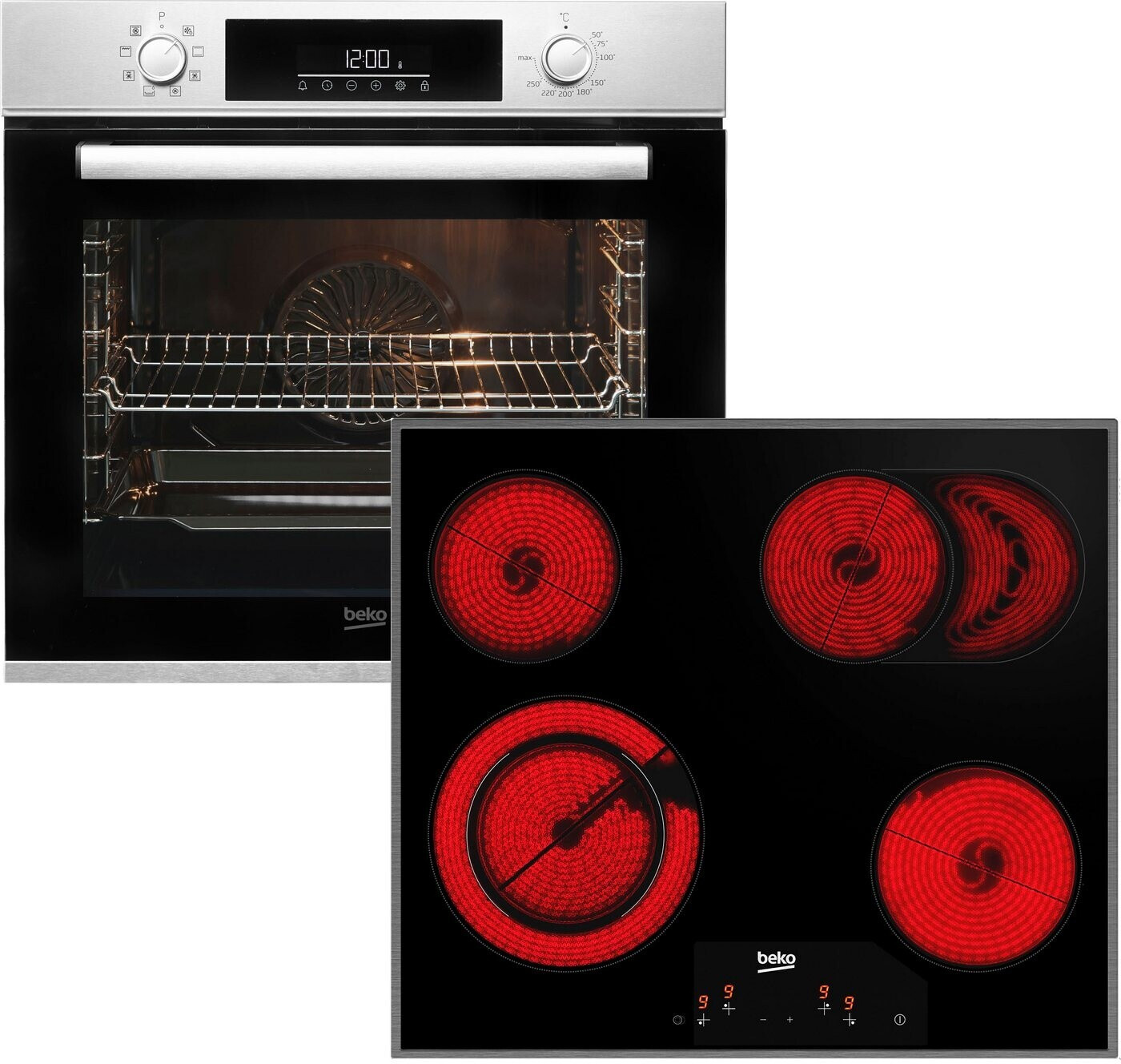 Beko BBSM12320X Einbau-Backofen-Set, zwei autarke Geräte: Glaskeramik-kochfeld mit 4 Kochzonen, Backofen mit 8 Heizarten