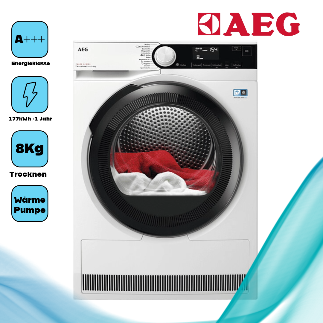 AEG TR8T70680 Wärmepumpentrockner  Kondensationseffizienzklasse B  8 kg  Programmdauer 175 min 