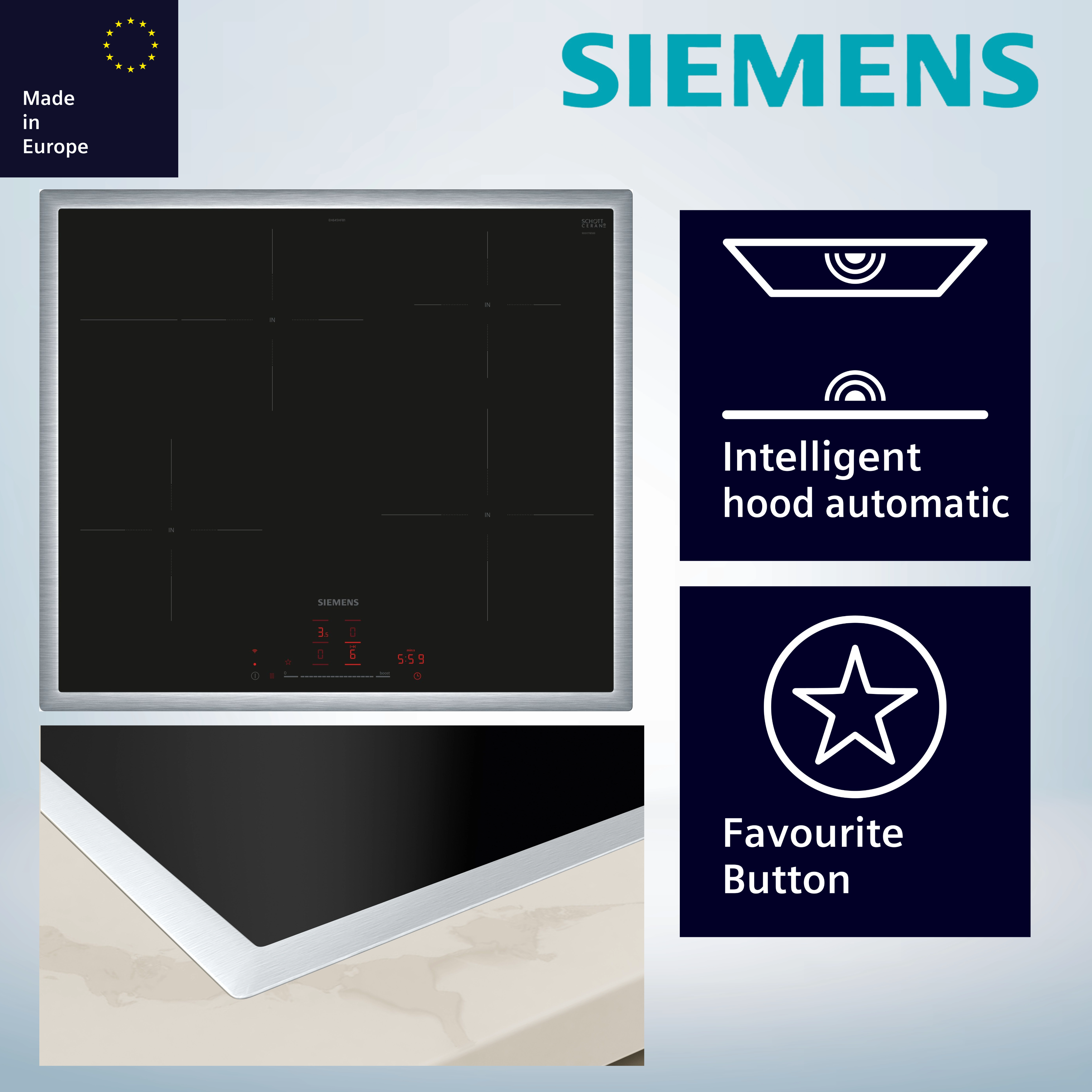 Siemens EH645HFB1E Induktionskochfeld autark aufliegender Einbau WLAN Standardbreite 60 Siemens EH645HFB1E Induktionskochfeld autark aufliegender Einbau WLAN Standardbreite 60