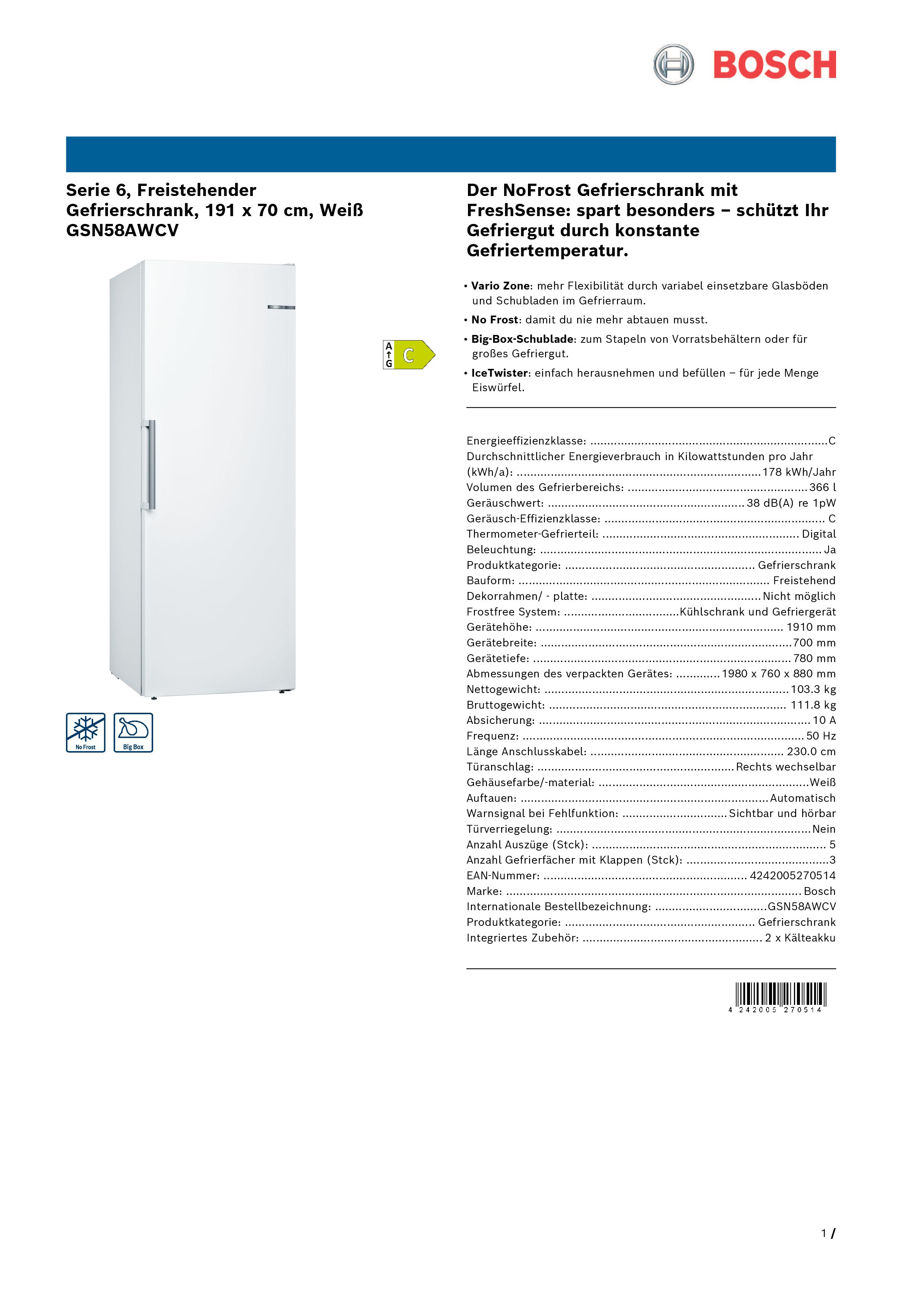 Bosch GSN58AWCV Standgefrierschrank Bosch GSN58AWCV Standgefrierschrank